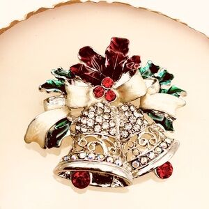 Vintage Silver & Gold Tone Enamel Christmas Bells Seed Bead Rhinestone Brooch